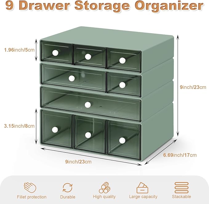 Desk Organizer with 9 Drawers, 4 Tier Plastic Stackable Storage Drawers for Desk Storage, Office Stationary Makeup Organizer Suit for Home, Office and School
