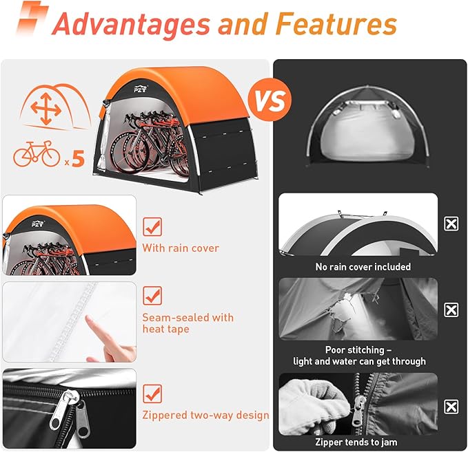 Upgraded Bike Tent with Rain Cover, Portable Outdoor Storage Shed for 4-5 Bikes, 210D Oxford Fabric PU4000 Waterproof, Bike Shed/Bike Cover for Motorcycles, Garden Tools, Lawn Mower