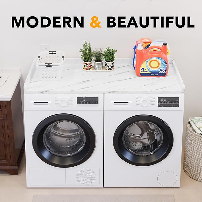 SpaceAid Washer Dryer Countertop, Laundry Wood Shelf Topper with Edge, 54" Width x 27.5" Depth Cover Guard Organizer for Washer and Dryer Laundry Hamper Counter Storage Organization (White Marble)