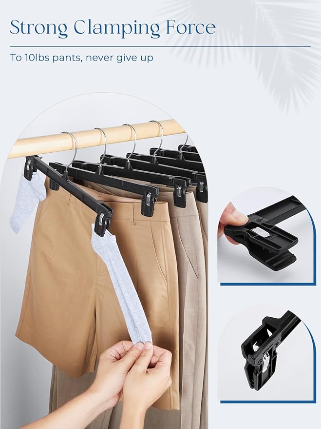 Smartor Space Saving Heavy Duty Hangers - 300 Pack, Slim Plastic Pants and Shorts Hangers, Ridged Non-Slip with Pinch Clips, 360-Rotating Chrome Swivel Hook, Black, 10 Inches
