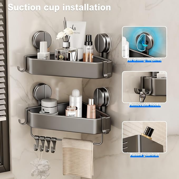 Suction Cup Shower Caddy Corner, 1 Pack Suction Corner Shower Shelves No Drilling, Rustproof Shower Organizer Suction Cup with Towel Holder & Hooks Removable Bathroom Storage Rack(Gray)