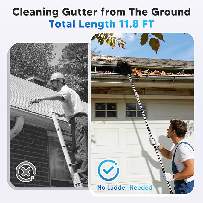 11.8FT Gutter Cleaning Tools From the Ground, No Ladder Needed - Adjustable Gutter Cleaner Pole with Replaceable Brush & Shovel for Roof Rain Gutters Cleans Leaves and Debris with Grip Tapes