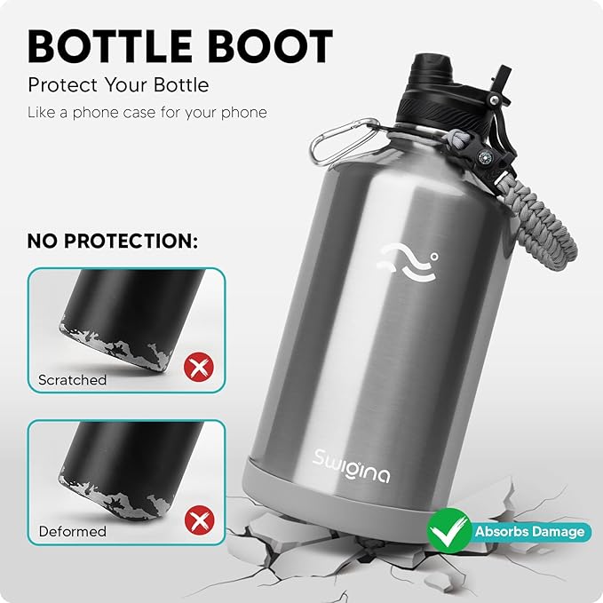 [2-IN-1 LID] Gallon Insulated Water Bottle with Silicone Boot (48hrs Cold/24hrs Hot) - DIY Stickers, Leakproof, BPA Free, 128 oz