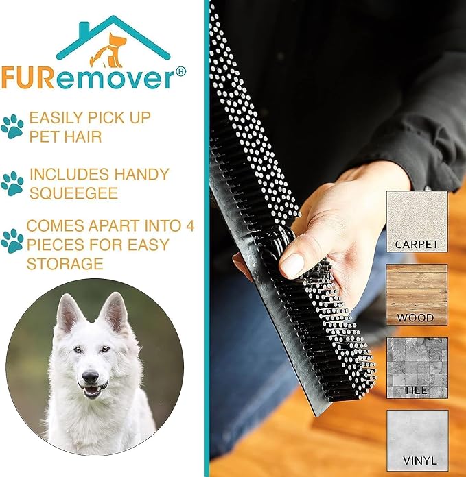 FURemover Sweep Pet Hair Rubber Broom with Carpet Rake and Squeegee, Ideal for Tile, Carpet and Hardwood, Disassembles for Easy Storage