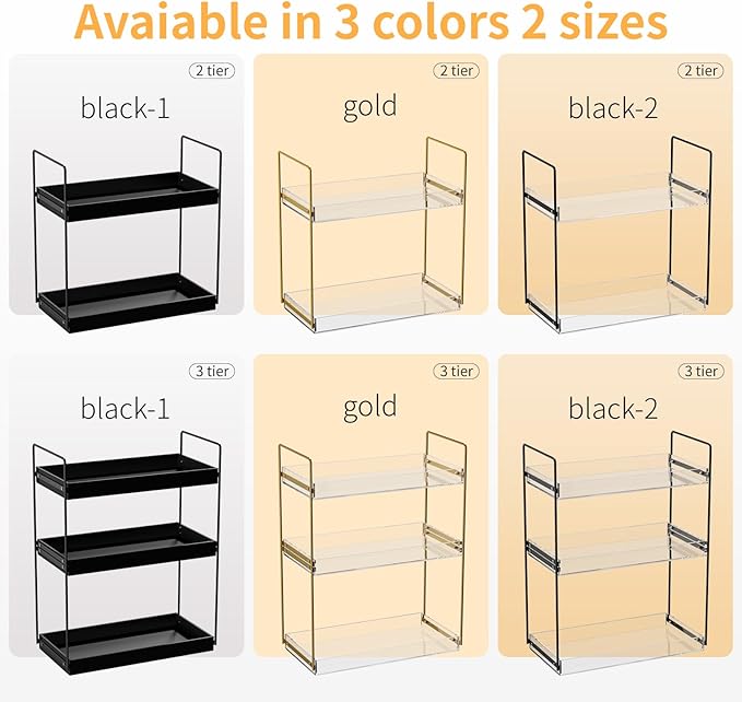 Bathroom Countertop Organizer, 3 Tier Metal Vanity Counter Skincare Shelf, Matte Black Under Sink with Acrylic Tray, Home Storage Holder for Makeup Cosmetics Perfume Spice,Black+Clear