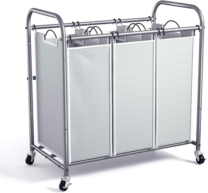 ROMOON Laundry Sorter Hamper 3 Section, Divided Laundry Basket Organizer with Heavy Duty Lockable Wheels and Removable Bags, Rolling Clothes Hamper for Apartment, Dorm & Family (130L Neutral Gray)