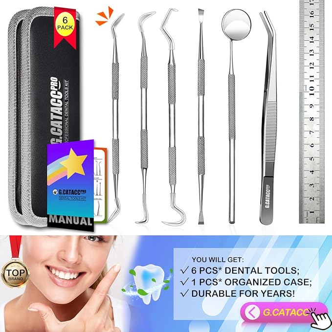 G.CATACC Dental Tools, Dental Pick Teeth Cleaning Tools Hygiene Kit, Plaque Remover for Teeth, Professional Stainless Steel Tooth Scraper Plaque Tartar Cleaner - with Case