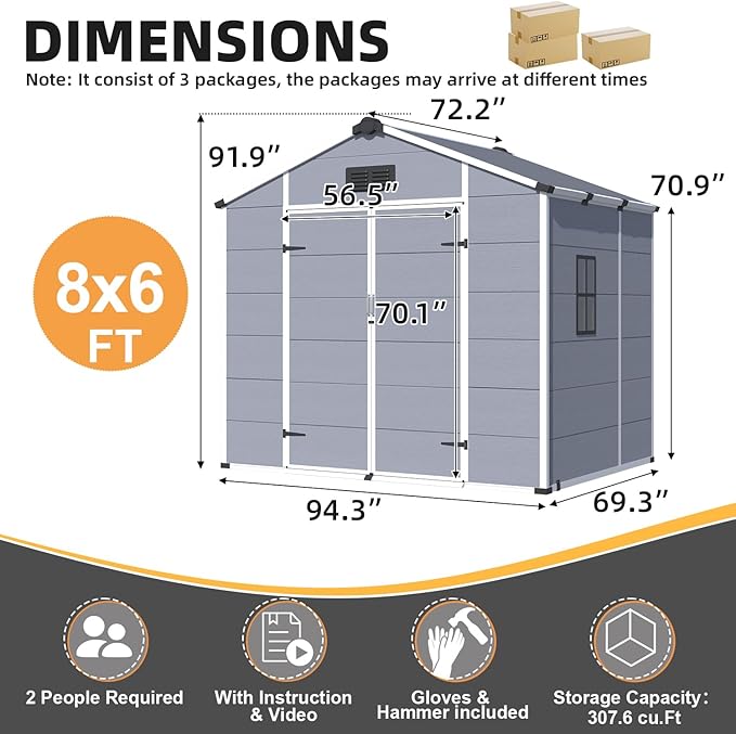 MELLCOM 8 x 6 FT Resin Outdoor Storage Shed with Floor, Resin Garden Shed with Windows and Lockable Door, Storage Tool Shed for Bike, Pool Supply, Lawnmower