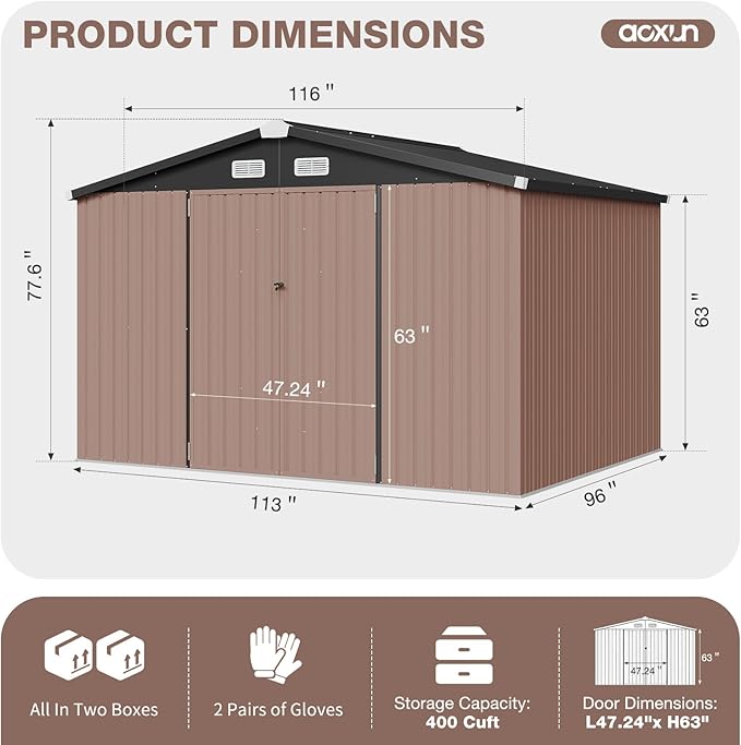 Aoxun Outdoor Storage Shed with Floor - 10x8 FT Metal Shed with Lockable Doors & Air Vents, Waterproof Outside Storage Shed for Tool, Garbage Can, Bike, Mower, for Backyard Garden Patio, Brown