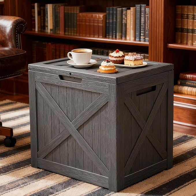 Outdoor Storage Box, Deck Box Waterproof 35 Gallon, Resin Outside Storage, Storage Bin for Package Delivery, Patio Furniture Cushion, Pool Accessories, Weatherproof and UV Resistant, Black, Barn Style