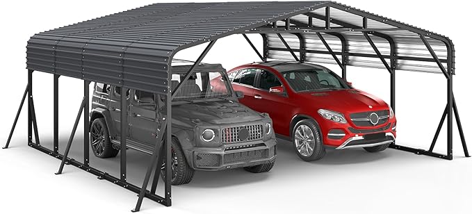 20x20FT Heavy Duty Metal Carport, Outdoor Portable Car Garage w/Reinforced Support Rods & Windproof Ground Anchors, All-Season Versatile Outdoor Shelter for 2 Car, Boats, Truck