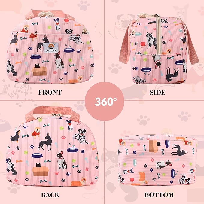 CaCTPUR Lunch Box for Women Girls Teens,Cute Lunch Box Cooler Bag, Portable Insulated Small Lunch Bag Women Reusable Corduroy Lunch Tote for Work/Travel/Picnic/School (Dog Pink,Small)