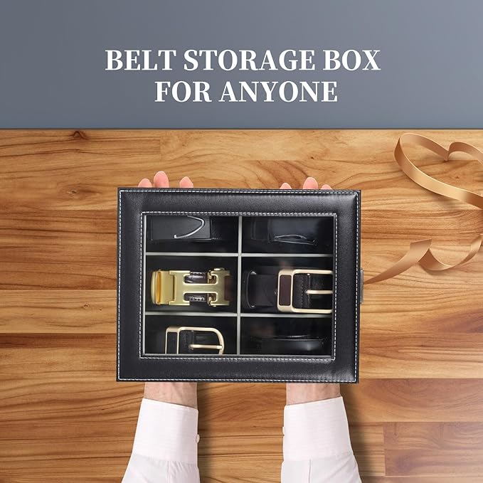 AUTOARK PU Leather Belt Organizer with 6 Compartments & Transparent Glass Top,Compact Storage for Belts,Ties,and Accessories,Perfect for Men, Women,and Home Organization,MKAW240