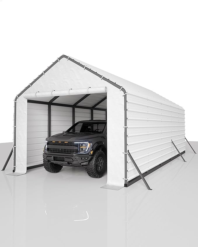 GarveeLife Heavy-Duty PE Enclosure Kit (2-Pack) for Metal Carport - 220gsm Roll-Up Zipper Door Panels for 13x26, 13x21, 13x16 ft, with Ball Bungees, White