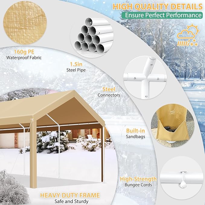 COBIZI Carport 10x20 FT Heavy Duty Portable Garage, Powder Coated Frame(Better Than Galvanized), Built-in Sandbags, Removable Sidewalls & Waterproof Shelter & Windows,for Car/Boat/SUV, Gray