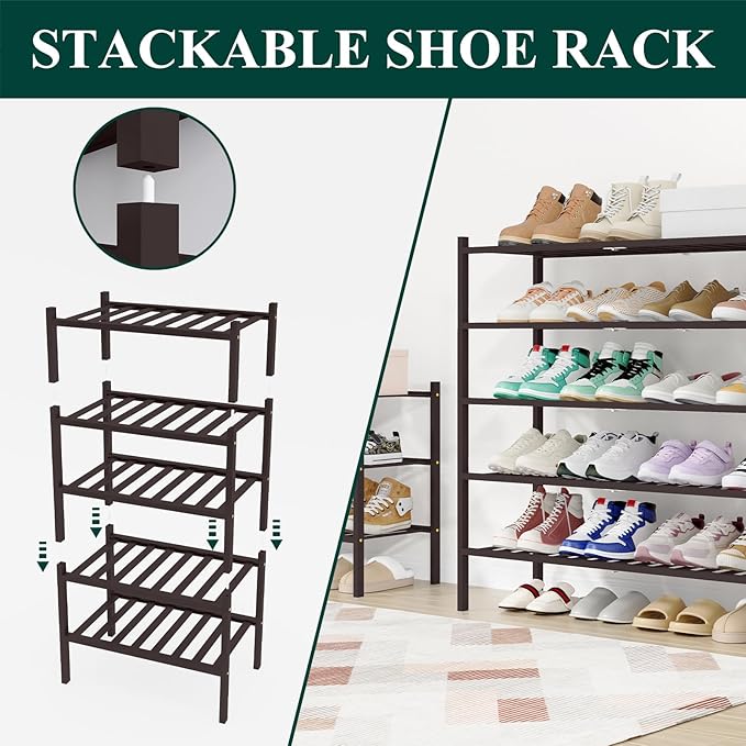 Smiry Shoe Rack, 4 Tier Long Bamboo Shoe Organizer, Stackable Free Standing Wooden Shoe Storage Shelf for Closet, Entryway, Front Door Entrance, Brown