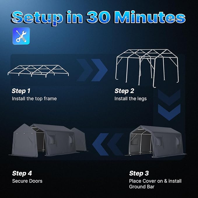ADVANCE OUTDOOR 10x15 ft Shelter Storage Shed Steel Metal Peak Roof Portable Garage Carport for Motorcycle, Boat or Garden Tools with 2 Roll up Doors & Vents, Gray