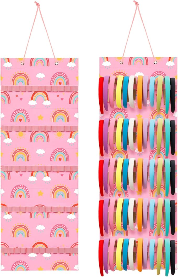 Tudomro Hanging Headband Holder for Girls Felt Hair Accessories Organizer with 60 Elastic Bands Bow Hanger for Girls Hair Bows Without Headbands(Rainbow,Pink)