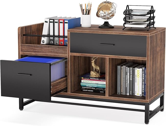 LITTLE TREE 39-Inch File Cabinet with 2 Drawers, Small Lateral Filing Cabinet Under Desk Storage, Wood Printer Stand with Open Storage Shelves for Home Office Organization
