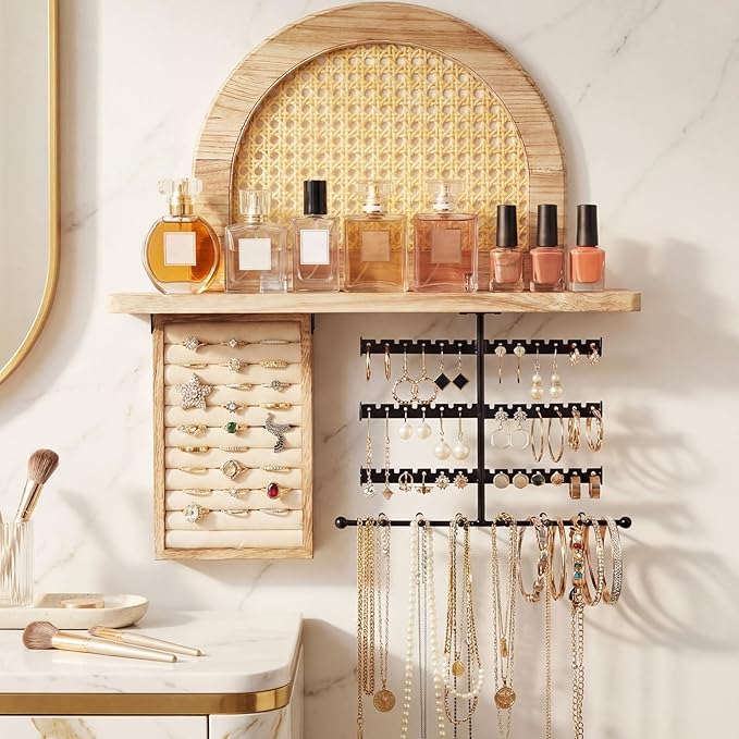 Hanging Jewelry Organizer Wall Mounted with Rustic Wood Rattan Shelf Wooden Ring Display Box Large Boho Jewelry Holder for Necklaces Bracelet Earrings Rings Storage