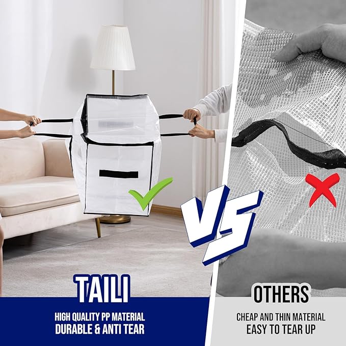 TAILI Extra Large Moving Bags, 10 Pack Clear Heavy Duty Totes for Storage with Visible Window, Wrap Around Handles, Storage Bags for Space Saving, Alternative to Moving Boxes