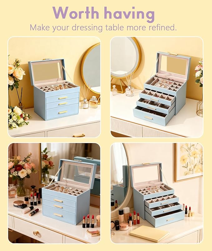 5 Layer Jewelry Box for Women, Glass Lid Jewelry Organizer with 5 Drawers for Necklaces Rings Earrings Bracelets - White (Gray blue)