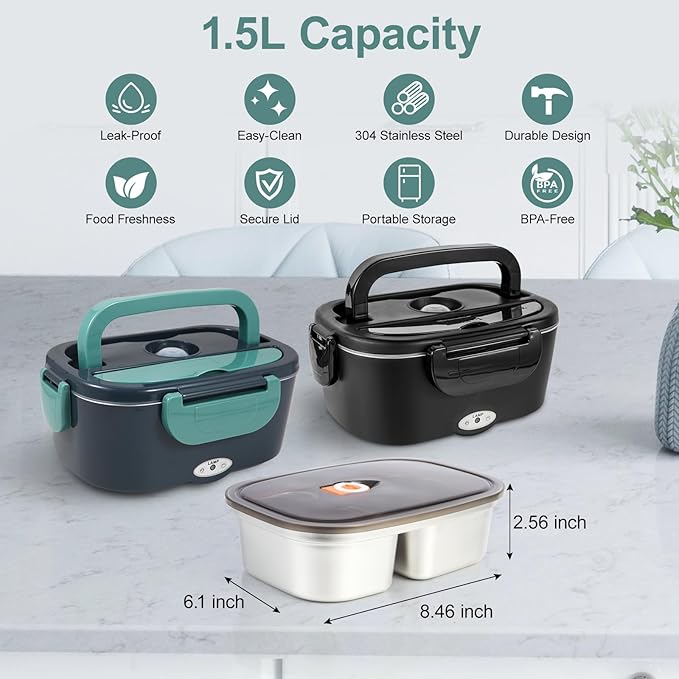Electric Lunch Box Dual Compartment Container with Lid, Removable Replacement Tray, Easy to Clean, Dishwasher Safe (Only for 1.5L Electric Lunch Box)