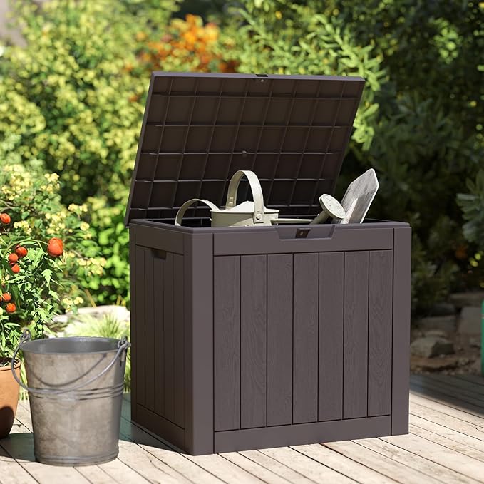 DUMOS 31 Gallon Deck Box, Lockable Outside Storage Box for Outdoor Use, Outside Waterproof Resin Package Delivery Box for Backyard Patio Garden, Brown