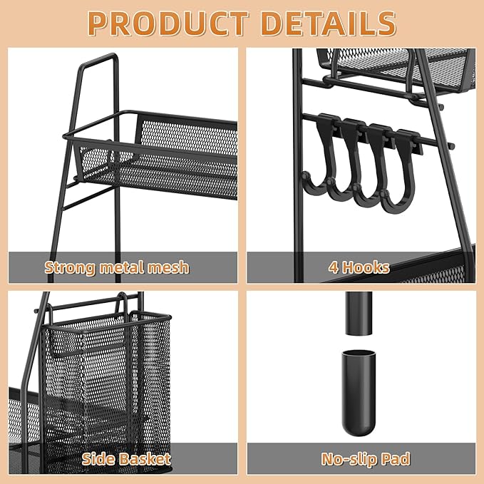 VITVITI 2-Tier Bathroom Organizer Countertop, Metal Wire Mesh Bathroom Counter Organizer Storage with Basket Hooks, Vanity Tray Shelf, Kitchen Spice Rack, Black