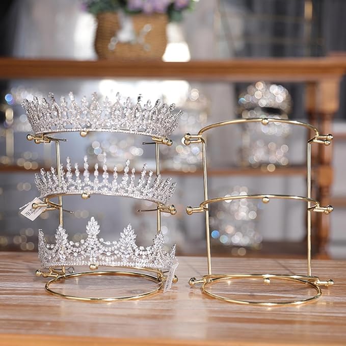 minkissy Three-tiers Crown Display Stand - Metal Brackets Hair Accessories Organizer Box Girls Crown Hair Tie Organizer Crowns Headband Jewelry Holder Crown Organizer for Women
