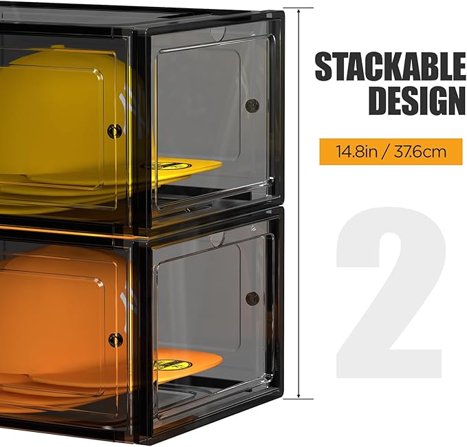 Hat Organizer Box, Stackable Clear Baseball Caps Holder Box Containers with Magnetic Door for Hats Snapback Cap Storag, Hat Rack Display Case, Holds 8 Hats Each (Black, 2 Pack)
