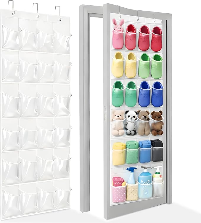 Over The Door Shoe Organizer with 24 Crystal Clear Pockets and Metal Hooks – Heavy Duty Hanging Shoe Storage Rack for Closet, Bathroom, Dorm – Space Saving for Shoes, Accessories, Toys (White)