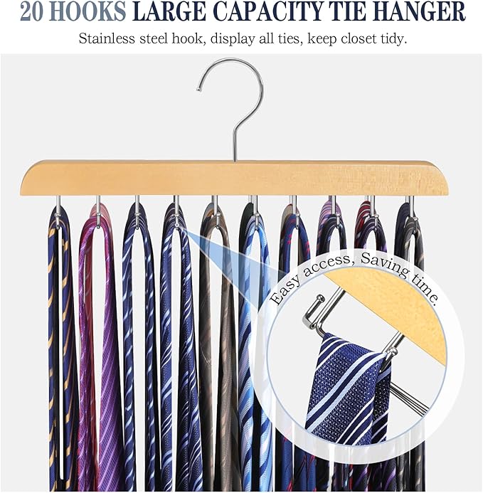 Tie Rack Belt Hanger for Closet Fitnice Upgraded Non Slip Tie Hanger Space Saving with 20 Foldable Hooks Wooden Belt Tie Organizer for Tank Tops Bras Cami Scarves
