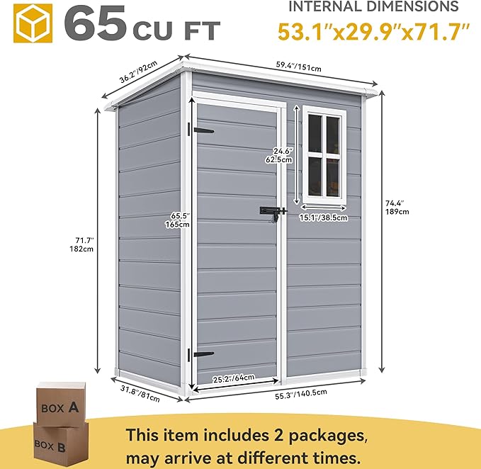 DWVO 5x3ft Resin Outdoor Storage Shed with Floor, Waterproof Lockable Storage Shed with Window, Plastic Outside Tool Storage for Garden, Backyard, Patio, Lawn,Gray