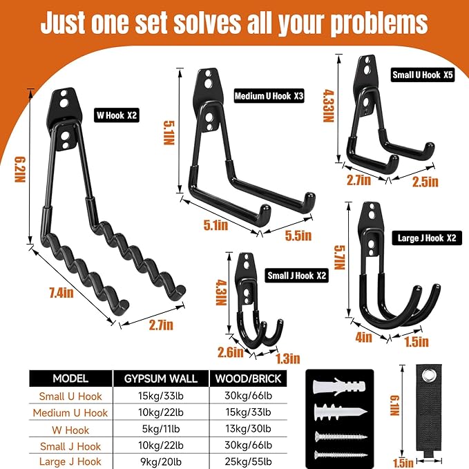 Garage Hooks, 17 Pack Assorted Wall Mount Tool Hangers with Anti-Slip Rubber Coating, Easy Installation with Screws & Anchors for Garage, Shed, Workshop Organization & Storage