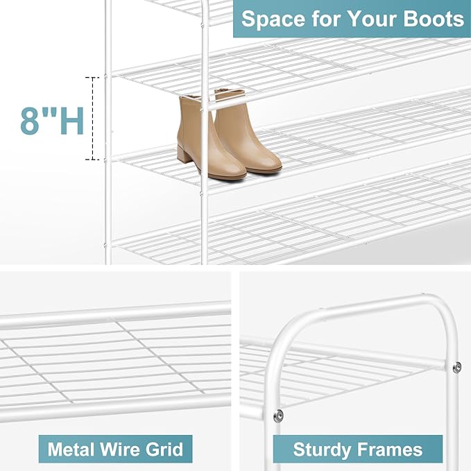 AOODA 4 Tier Long Metal Shoe Rack for Closet Wide Stackable Shoe Storage Organizer for Entryway, Bedroom, Floor, Holds 30 Pairs Men Sneakers Large Boot Shelf with Wire Grid, White