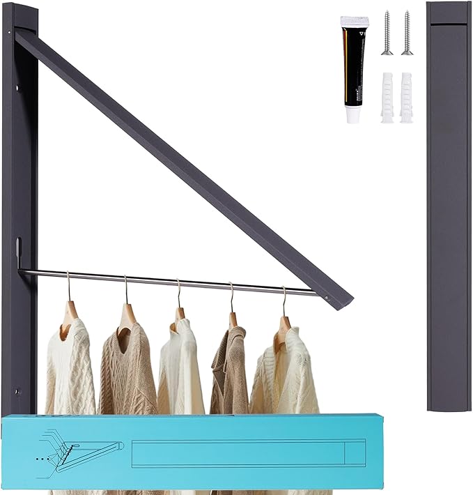 Retractable Clothes Drying Rack, Space Saver Wall Mounted Folding Hanger for Laundry Room, Closet Storage Organization, Easy Installation Aluminium Never Rust Dryer Gray