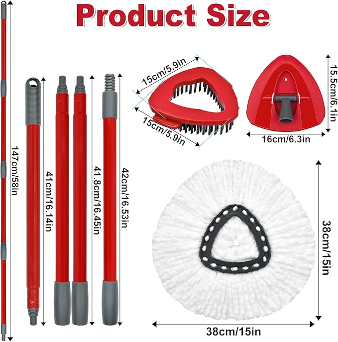 Spin Mop Handle,Mop Replace Heads,Brush and Base Compatible with O Cedar EasyWring 1 Tank,2 Microfiber Mop Refills and Brush,4-Section 30-58" Mop Handle,Mop Base Combo Set for Wet/Dry Floor Cleaning