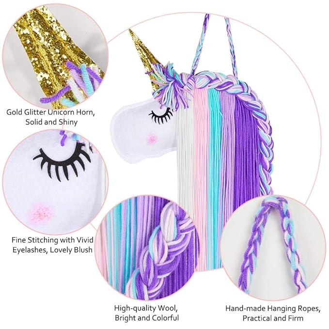 Beinou Unicorn Hair Clips Holder With Rainbow Hot Pink Yarn Tassels, Bows Storage, Shy Face Headband Organizer for Theme Party Decorations