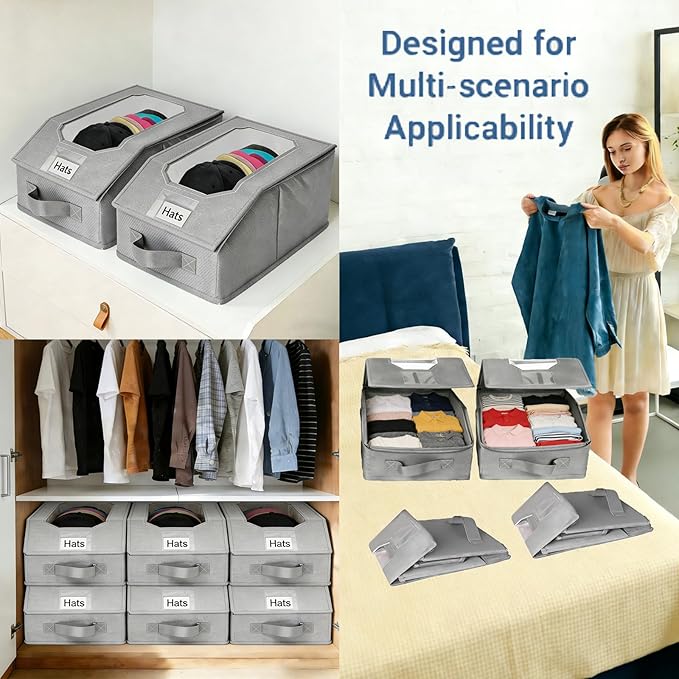 2 Pcs Stackable Baseball Cap Organizer, Washable Foldable Odorless Oxford Cloth with Smooth Durable Metal Zipper, Clear Window Holds 24 Caps, Hat Box for Closet/Home (Grey, Large 15.8×8.7×6.7 inches)