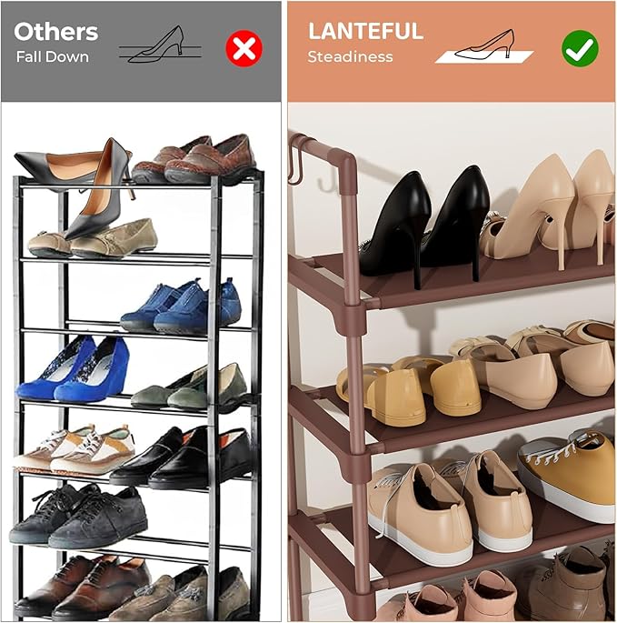 3 Tier Shoe Rack for Closet Shoe Organizer with 5 Hooks, Long Shoe Shelf Storage for Shoe and Boot Stackable Free Standing Shoe Rack for Entryway, Garage, Small Spaces, Dorm, Brown