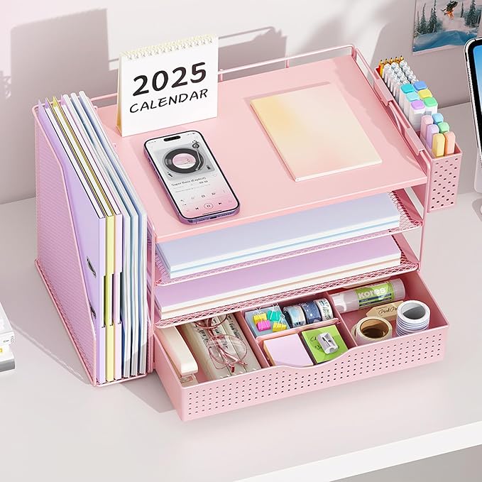 gianotter Wood Desk Organizers and Accessories with File Holder, 4-Tier Desk Accessories & Workspace Organizers with Drawer and Pen Holder, Paper Organizer for Office Supplies (Pink)