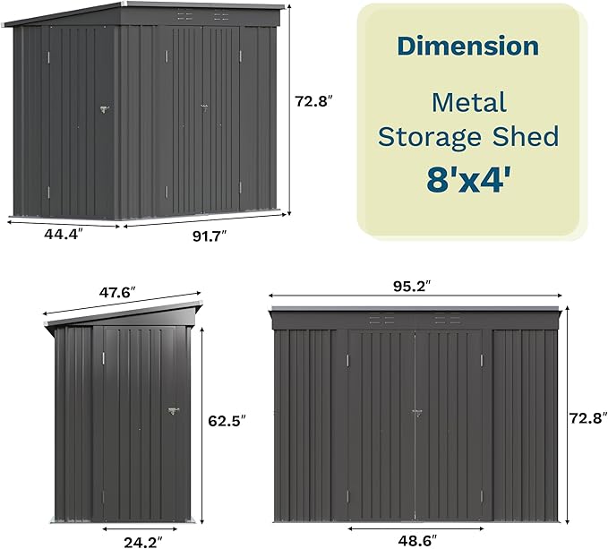 Patiowell 8x4 FT Outdoor Storage Shed, Heavy Duty Tool Metal Sheds with 3 Lockable Doors and Updated Frame Structure for Backyard Patio Lawn, Black
