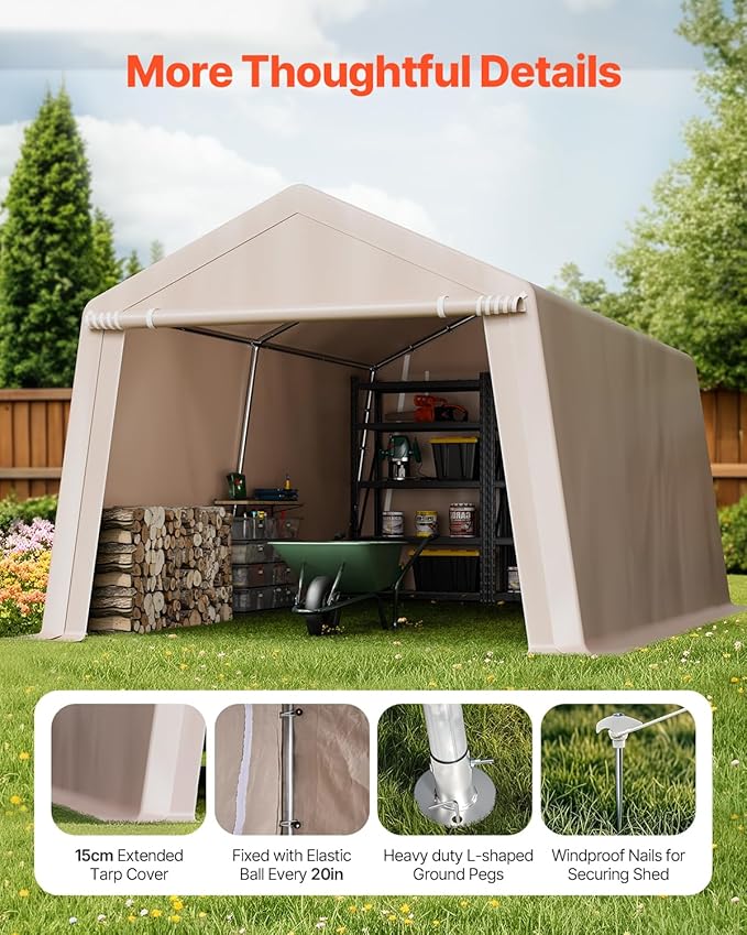 VEVOR 10 × 15 ft Outdoor Storage Shed Tent with Heavy-Duty Steel Frame, 2 Roll-Up Doors & Air Vents, Waterproof Portable Garage Carport Shelter for Motorcycle, Lawn Mower, Garden Tools – Beige
