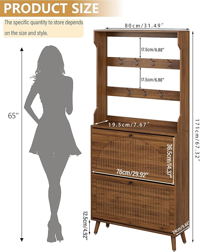 Shoe Cabinet for Entryway with 2 Flip Drawers & Coat Rack, Narrow Hidden Shoe Storage Cabinet with Fluted Panel, 2-in-1 Hall Tree Slim Freestanding Shoe Rack Organizer for Hallway, Walnut
