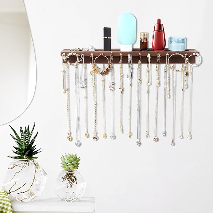 Necklace Holder, Upgraded Extra Large Wall Necklace Organizer with 30 Hooks Wall Mounted Necklace Hanger with Jewelry Tray/Cosmetics Shelf Rustic Pine Wood Holder (Walnut)