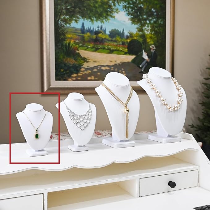 MOOCA 2 Pcs Set Small Necklace Chain Jewelry Bust Display Holder Stand, Necklaces Display Mannequin, Necklace Bust, Jewelry Stand 6 1/4 in H, 3 7/8" W x 2. 5/8" D x 61/4" H, White Leatherette