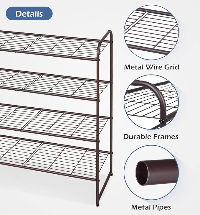 KEETDY 4-Tier Long Shoe Rack for Closet Metal Shoe Organizer for Entryway, Wide Stackable Shoe Storage Shelf with Sturdy Wire Grid for Closet Floor, Bedroom, Bronze