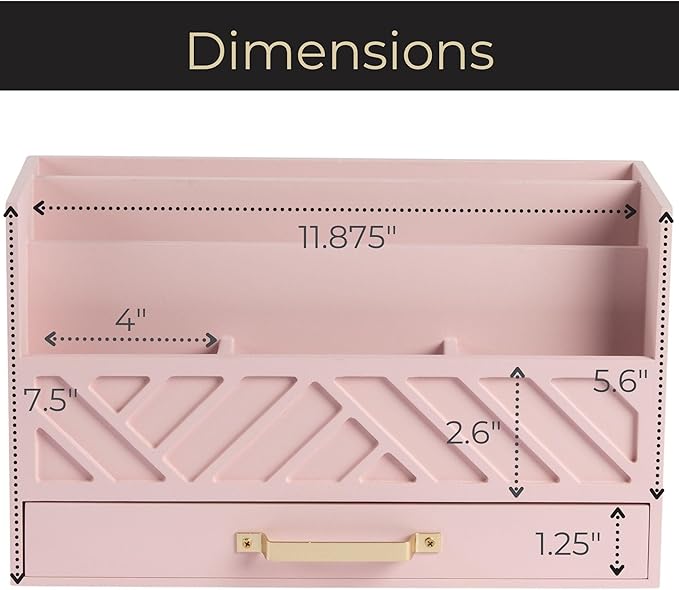 BLU MONACO | Pink Desk Organizers Wooden Mail Organizer with Drawer | Mail Sorter Organizer Countertop Gold Handle | Desk Organizers and Accessories Pink Office Storage