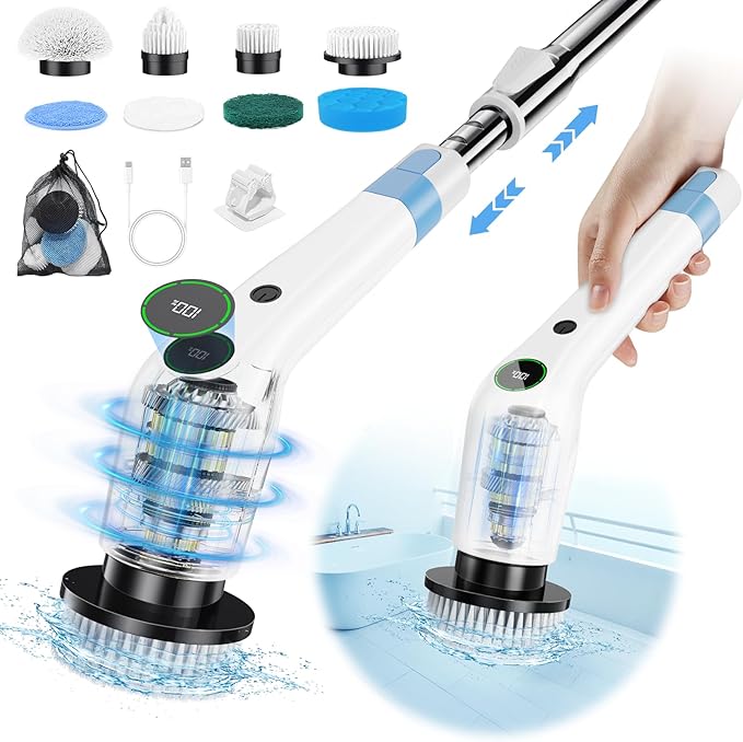 Electric Spin Scrubber, Cordless Shower Scrubber with 8 Scrub Brush, 2 Speed with Adjustable Extension Handle, Battery Level Display, Power Scrubber for Bathroom Bathtub Tile Floor, White